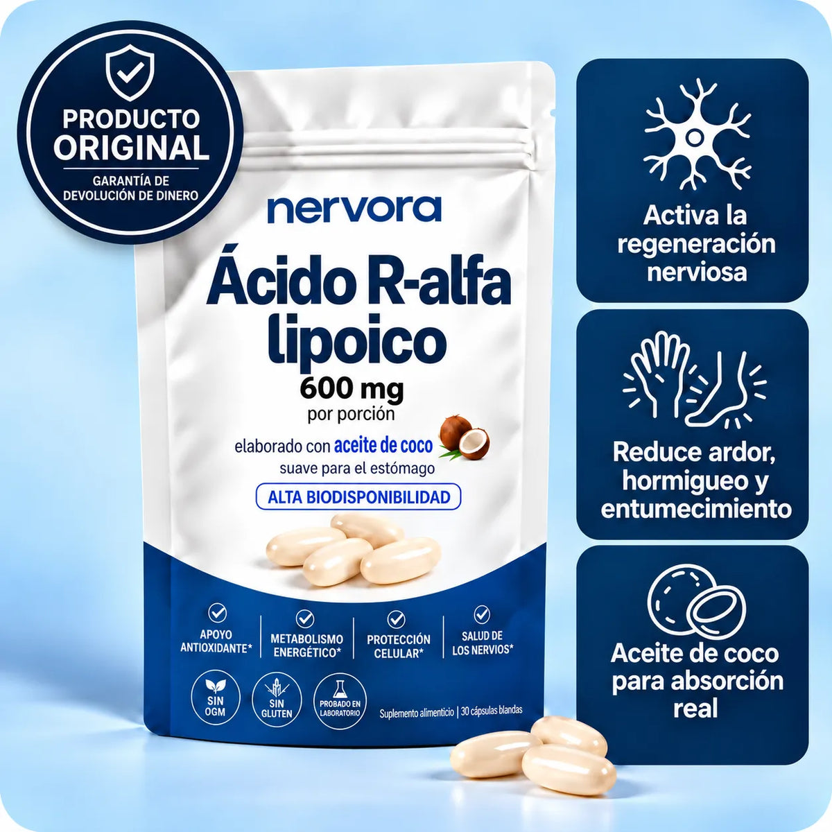 Ácido R-alfa lipoico de máxima potencia: apoyo para el control del azúcar en sangre.